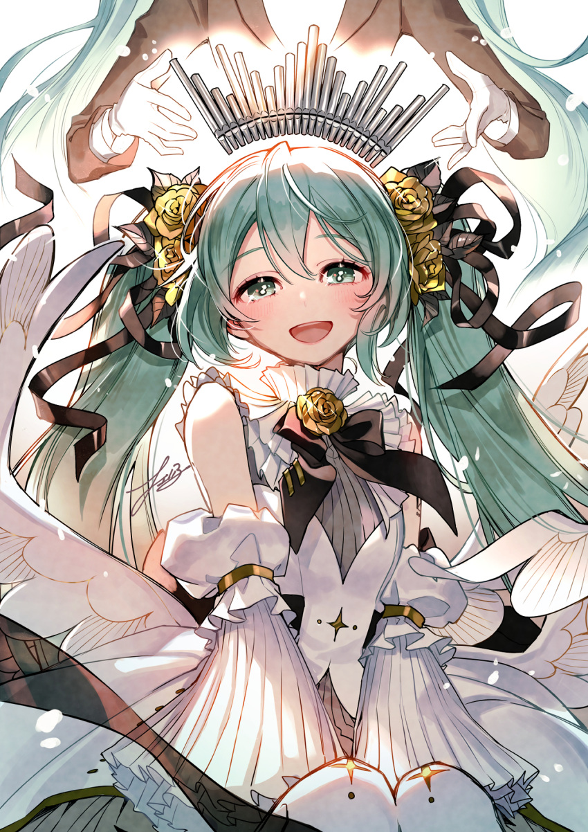 2girls, :d, \||/, aqua_hair, artificial_flower, bare_shoulders, black_ribbon, blush
