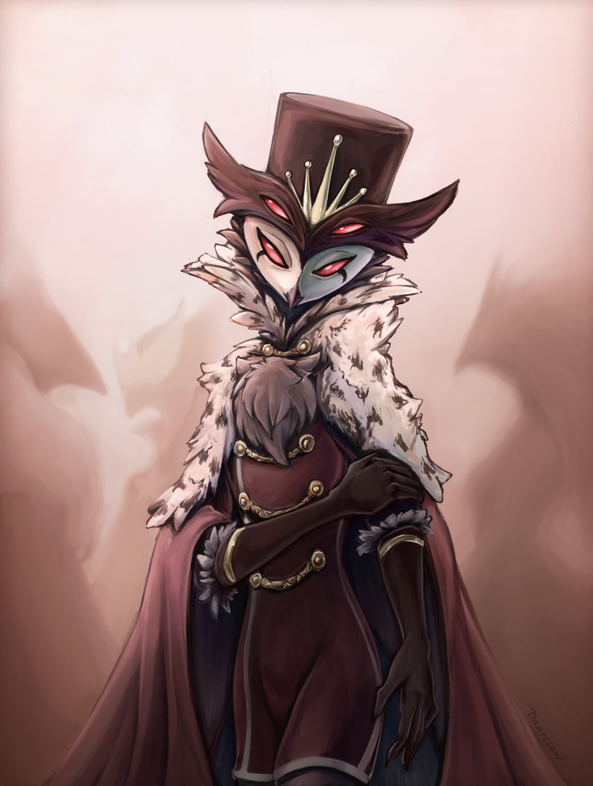 1boy, absurdres, beak, bird, bird_boy, black_feathers, colored_sclera, daarclaw, demon_boy, demon_horns, extra_eyes, feathers, furry, furry_male, grey_feathers, hat, hellaverse, helluva_boss, highres, horns, looking_at_viewer, male_focus, owl, owl_boy, red_eyes, red_sclera, stolas_(helluva_boss)
