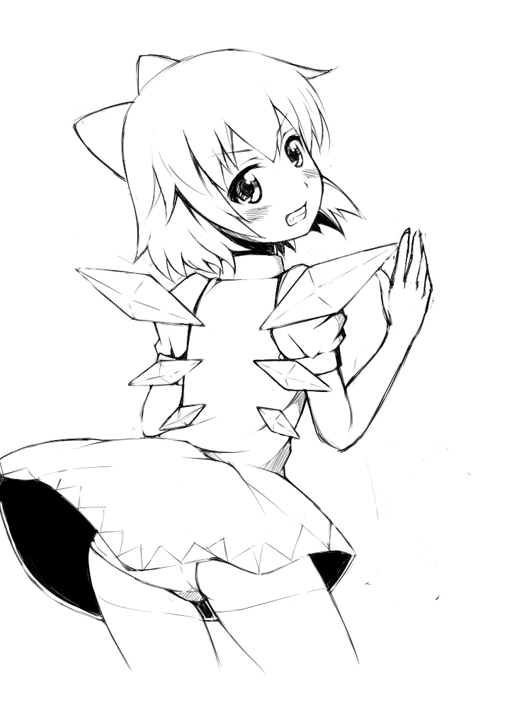 aoi2410, blush, bow, cirno, from_behind, hair_bow, looking_back, monochrome