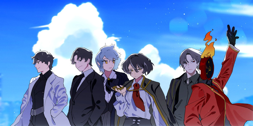 1other, 2girls, 3boys, angela_(project_moon), arm_up, ayin_(project_moon), belt, black_belt