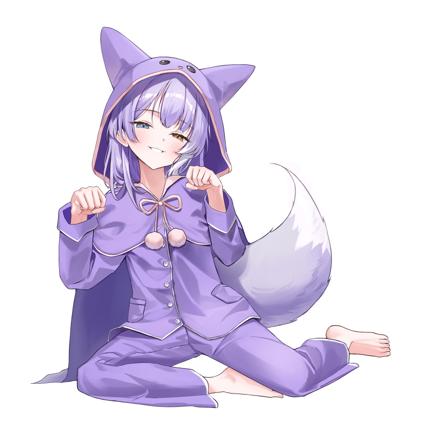 1girl, absurdres, animal_hood, barefoot, blue_eyes, brown_eyes, cape, commentary