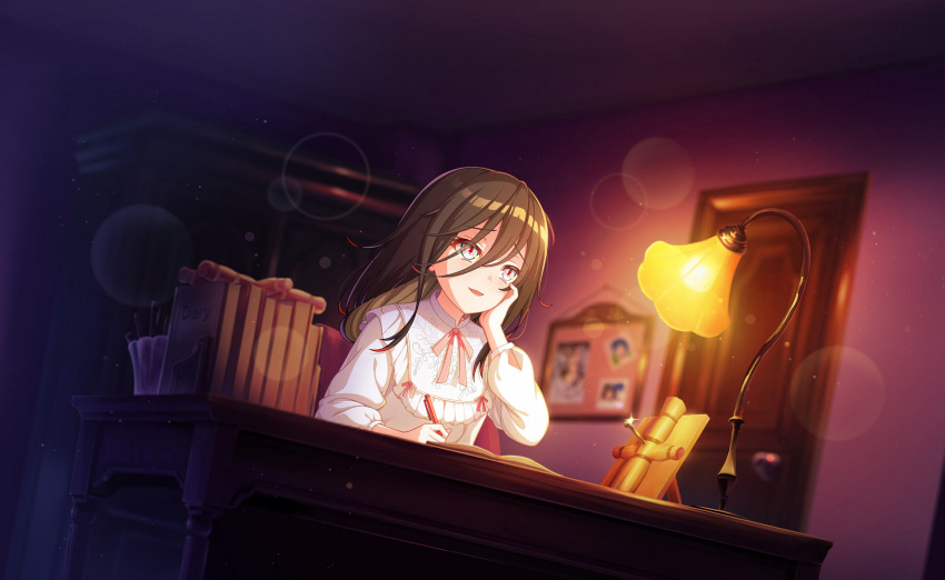 1girl, blurry, blush, bokeh, brown_eyes, brown_hair, depth_of_field, frills