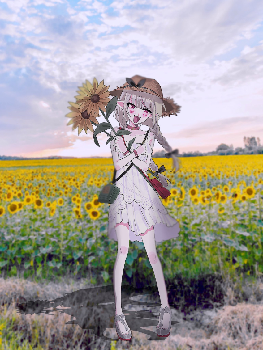 1girl, bag, bare_shoulders, belt_collar, black_bow, black_ribbon, blunt_bangs, blurry