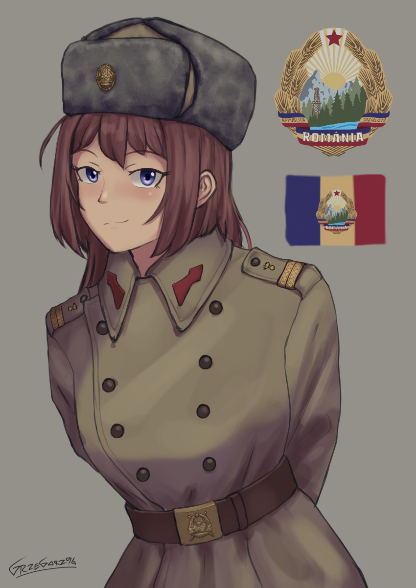 1girl, absurdres, arms_behind_back, belt, black_belt, blue_eyes, blush, brown_belt, brown_hair, buttons, cold_war, collar_tabs, double-breasted, emblem, english_commentary, grey_background, grzegorz1996, highres, long_hair, military, military_uniform, original, romania, romanian_flag, romanian_people's_army, shoulder_boards, signature, simple_background, smile, solo, upper_body, ushanka