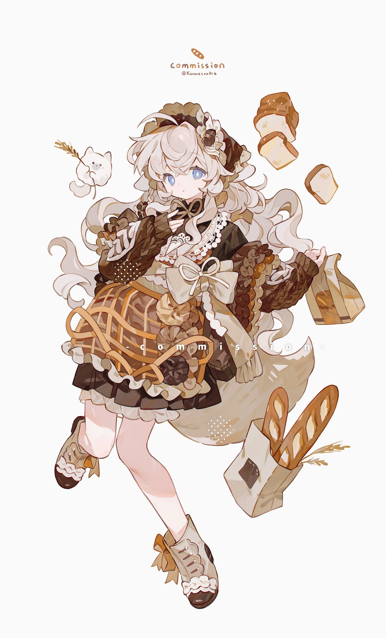 1girl, baguette, blue_eyes, bonnet, boots, bread, bread_slice, bright_pupils