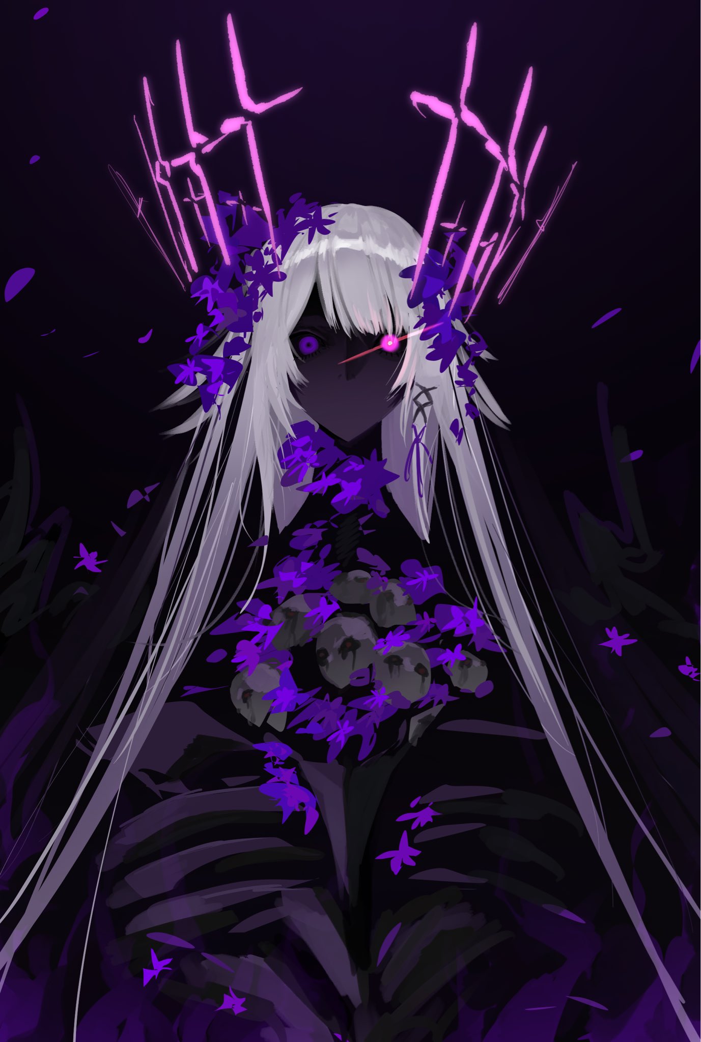 alternate_universe, bad_end, black_background, black_skin, colored_skin, commentary_request, cross, flower