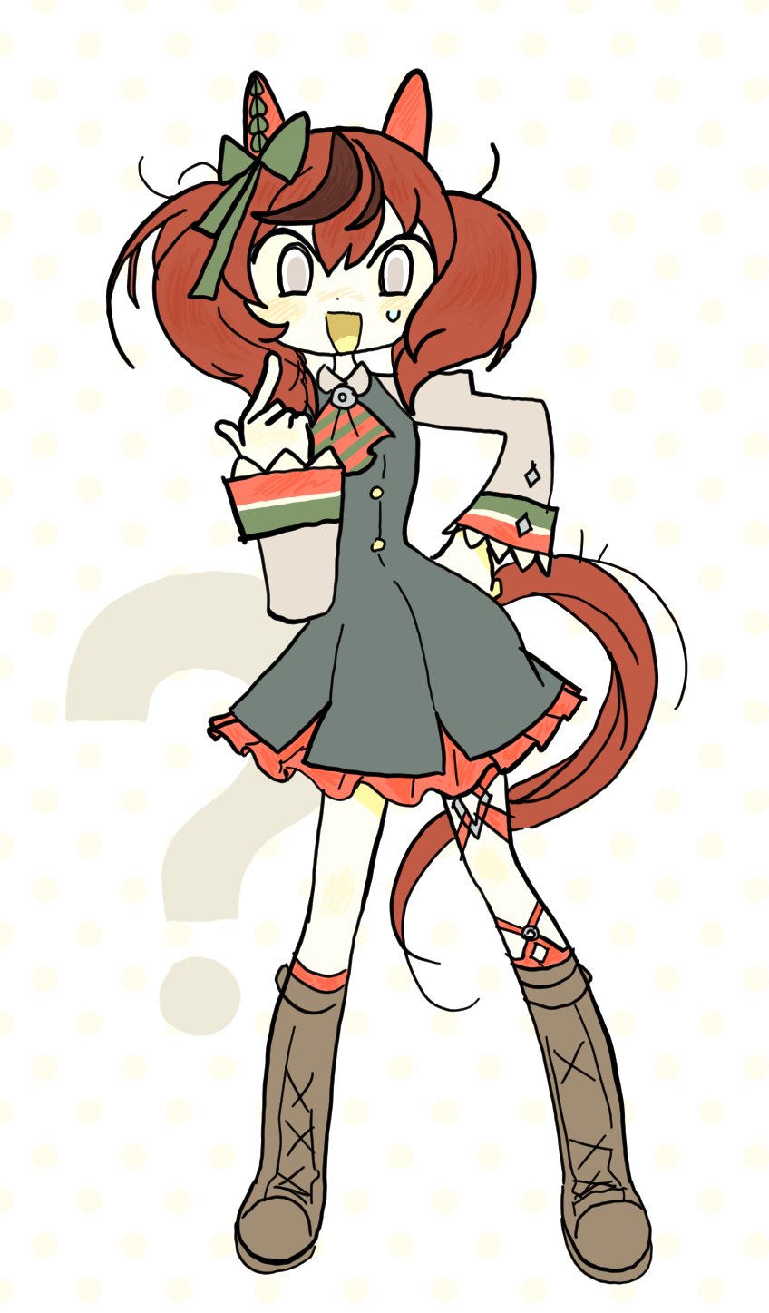1girl, animal_ears, blush, bow, breasts, brown_hair, ear_bow, ear_covers, ear_ornament, ear_ribbon, green_bow, highres, horse_ears, horse_girl, horse_tail, long_hair, long_sleeves, looking_at_viewer, medium_hair, multicolored_hair, nice_nature_(poinsettia_ribbon)_(umamusume), nice_nature_(umamusume), open_mouth, shirt, skirt, smile, solo, streaked_hair, tail, twintails, umamusume, uuzzangohayo