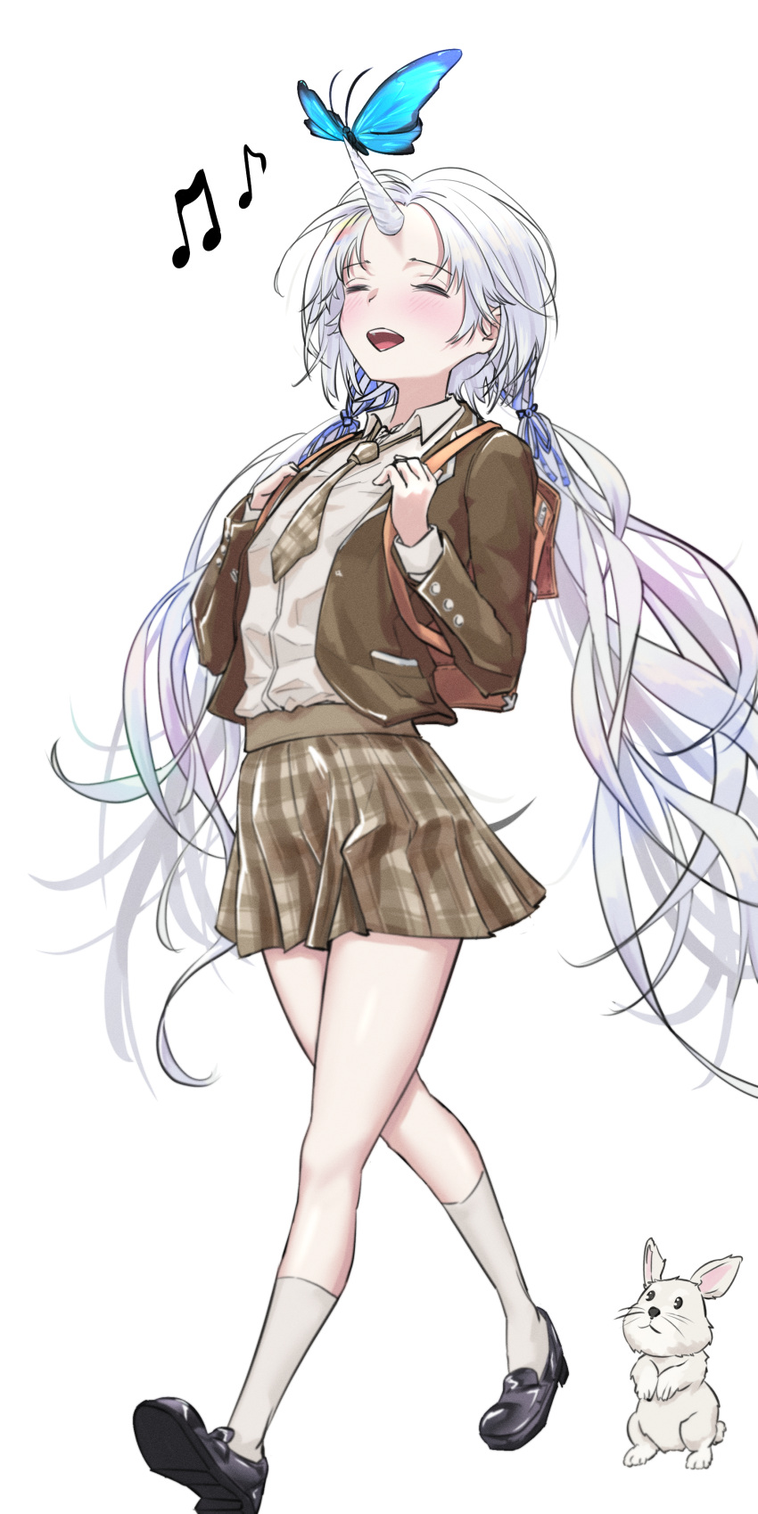 1girl, absurdres, animal, ayatsuno_yuni, backpack, bag, black_shoes, brown_jacket, brown_necktie, brown_skirt, bug, butterfly, closed_eyes, collared_shirt, commentary_request, floating_hair, full_body, grey_hair, grey_shirt, grey_socks, hair_ribbon, hands_up, happy, highres, horns, jacket, kitsune_hero, long_hair, long_sleeves, low_twintails, miniskirt, music, musical_note, necktie, open_mouth, pleated_skirt, purple_ribbon, rabbit, ribbon, school_uniform, shirt, shirt_tucked_in, shoes, singing, single_horn, skirt, socks, solo, stellive, twintails, unicorn_horn, very_long_hair, virtual_youtuber, walking, wing_collar