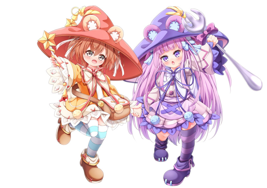 2girls, animal_ears, bag, bear_ears, bear_girl, blue_ribbon, blue_thighhighs, boots
