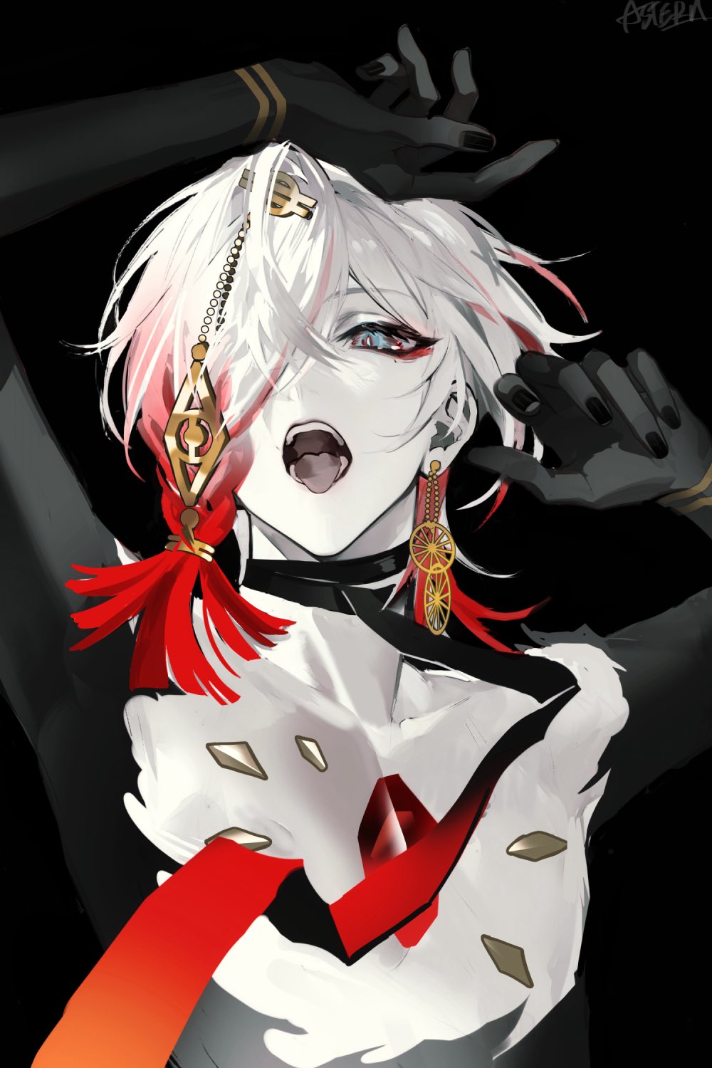 1boy, black_background, blue_eyes, chest_jewel, choker, earrings, eyeshadow, eyeshadow_under_eye, fate/grand_order, fate_(series), gradient_hair, hair_ornament, hair_over_one_eye, highres, jewelry, karna_(fate), looking_at_viewer, makeup, male_focus, medium_hair, multicolored_hair, newstarbegin, open_mouth, pale_skin, red_eyeshadow, red_hair, simple_background, solo, upper_body, white_hair