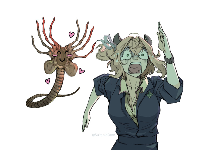 1girl, alien, alien_(series), animal_ears, brown_hair, collarbone, facehugger, fleeing, green_eyes, highres, indie_virtual_youtuber, monster, nimi_nightmare, nimi_nightmare_(tapir), ponytail, running, screaming, suitabledeer, tapir, tapir_ears, tapir_girl, tears, turn_pale, twitter_username, virtual_youtuber, white_background