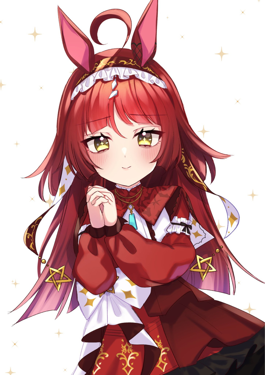1girl, ahoge, animal_ears, blunt_bangs, blush, closed_mouth, hairband, highres, horse_girl, jewelry, kumeuma, long_hair, necklace, own_hands_together, red_desire_(umamusume), red_hair, simple_background, smile, solo, sparkle, umamusume, white_background, yellow_eyes