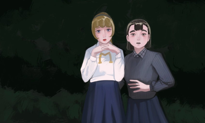 2girls, black_hair, blonde_hair, blunt_bangs, bob_cut, collared_shirt, hairband, highres