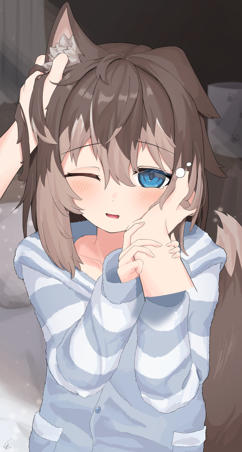 1girl, absurdres, animal_ears, bed, bedroom, blue_eyes, brown_hair, caress