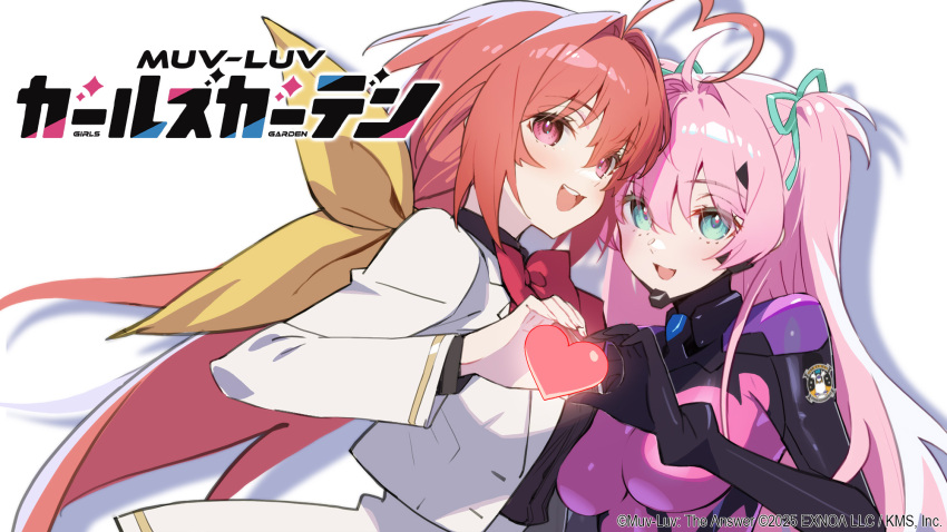 2girls, ahoge, bodysuit, green_eyes, hair_between_eyes, hair_intakes, hair_ribbon, heart, heart_ahoge, heart_hands, heart_hands_duo, highres, kagami_sumika, long_hair, long_sleeves, looking_at_viewer, momozono_meru, multiple_girls, muv-luv, muv-luv_alternative, muv-luv_girls_garden, neck_ribbon, official_art, open_mouth, pink_eyes, pink_hair, red_hair, ribbon, school_uniform, siino, smile, twintails, white_background