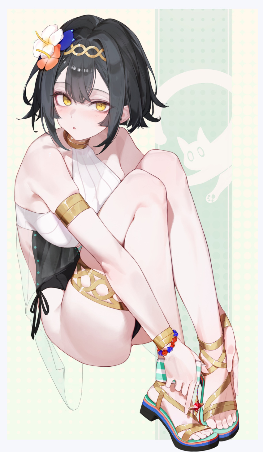 1girl, absurdres, amber_(stella_sora), armlet, black_hair, breasts, flower, gjz1227