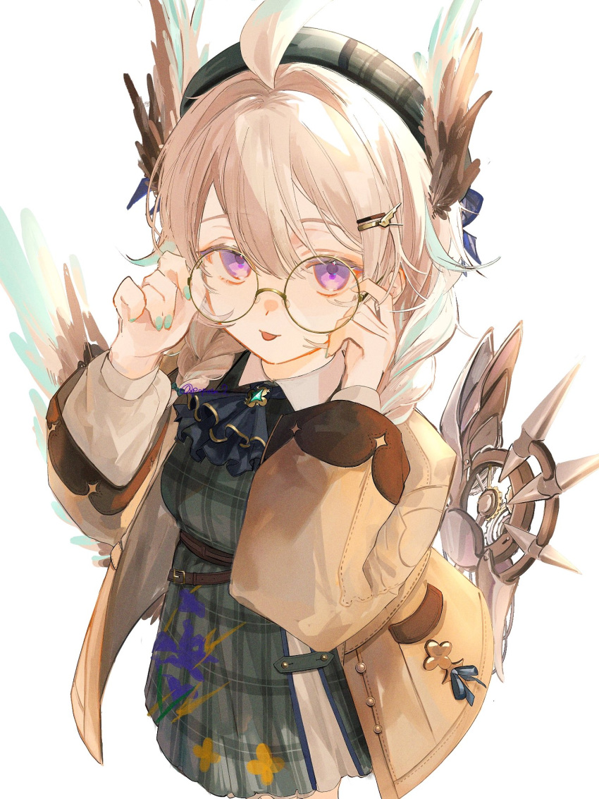 1girl, :p, adjusting_eyewear, ahoge, aqua_hair, aqua_nails, ascot, beret, blonde_hair, blue_ascot, braid, breasts, brown_coat, coat, cowboy_shot, dress, enna_alouette, enna_alouette_(fall_casual), glasses, green_dress, hair_between_eyes, hat, head_wings, highres, looking_at_viewer, low_twin_braids, low_wings, medium_hair, multicolored_hair, nijisanji, nijisanji_en, plaid_clothes, plaid_dress, popota_2, simple_background, single_mechanical_wing, small_breasts, solo, streaked_hair, tongue, tongue_out, twin_braids, violet_eyes, virtual_youtuber, white_background, wings