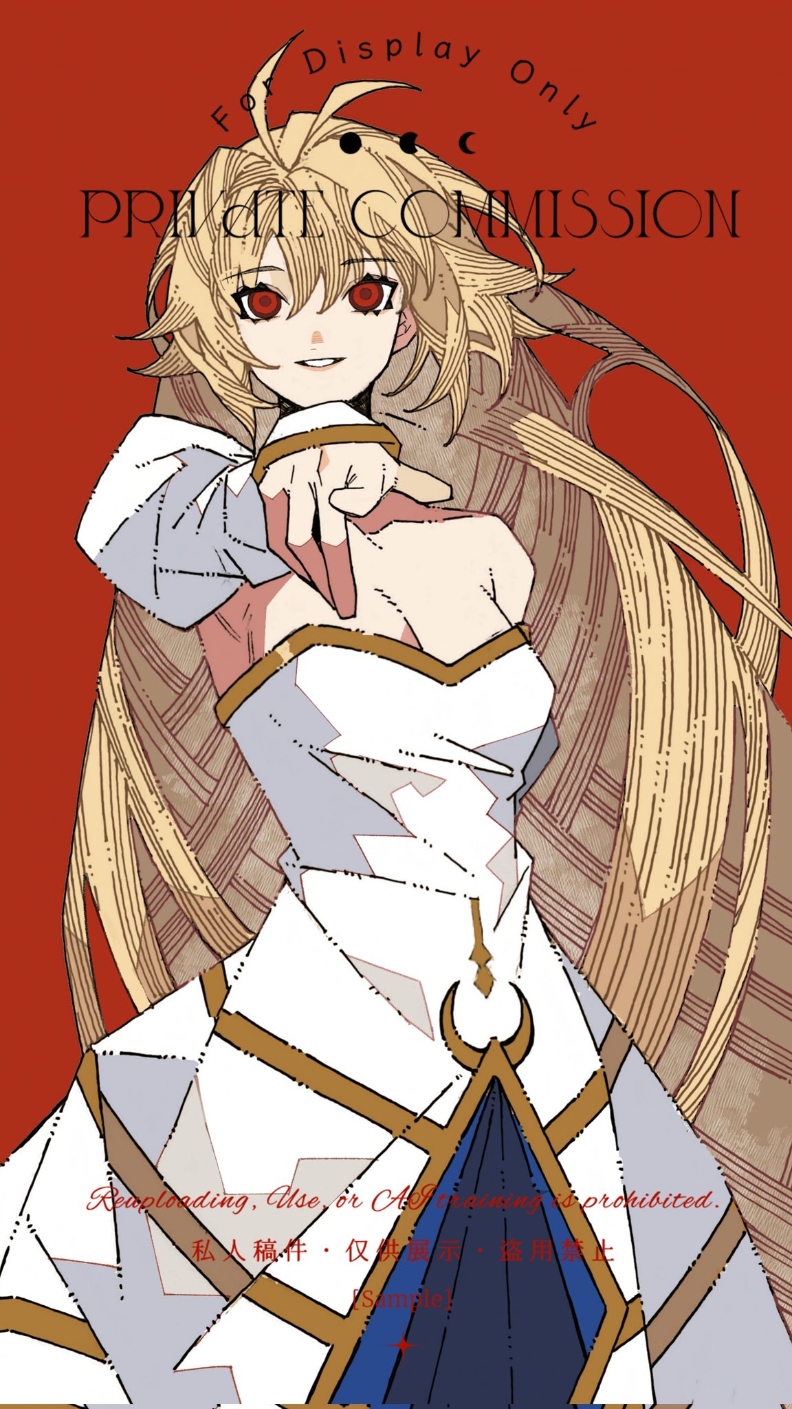 1girl, ahoge, archetype_earth, arcueid_brunestud, bare_shoulders, blonde_hair, detached_sleeves, dress, english_text, floating_hair, hair_between_eyes, hair_intakes, highres, long_hair, looking_at_viewer, momo_007, pointing, pointing_at_viewer, red_background, red_eyes, smile, tsukihime, tsukihime_(remake), very_long_hair, wavy_hair, white_dress, yellow_eyes