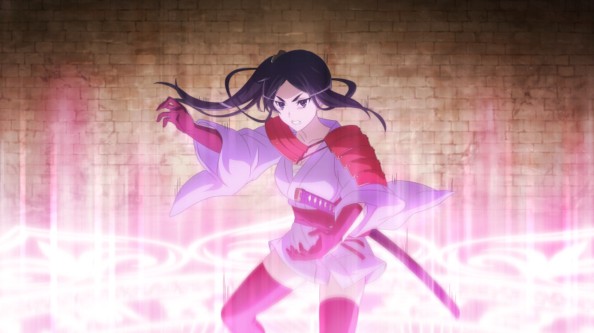 1girl, anime_coloring, armor, black_hair, brick_wall, clenched_teeth, danmachi_battle_chronicle, dungeon_ni_deai_wo_motomeru_no_wa_machigatteiru_darou_ka