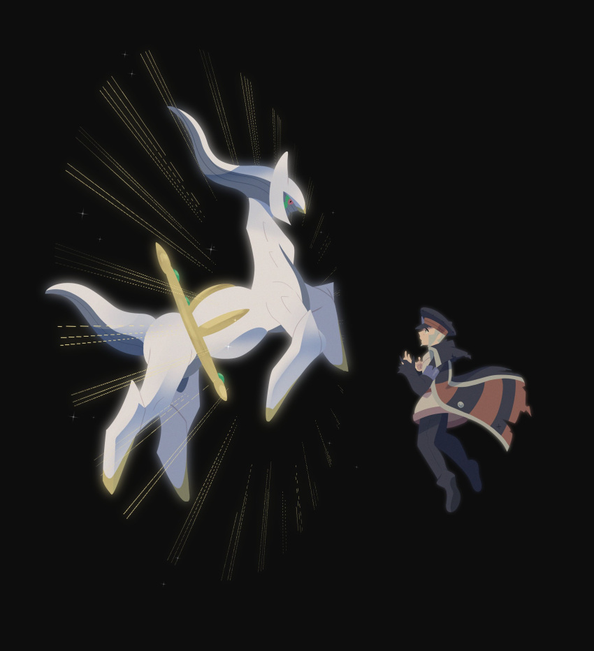 1boy, absurdres, arceus, black_background, black_boots, black_hat, black_pants, boots, coat, commentary, english_commentary, floating, floating_clothes, galaxysketches, grey_hair, hat, highres, ingo_(pokemon), looking_at_another, male_focus, pants, peaked_cap, pokemon, pokemon_(creature), pokemon_legends:_arceus, pokemon_legends:_z-a, red_eyes, sideburns