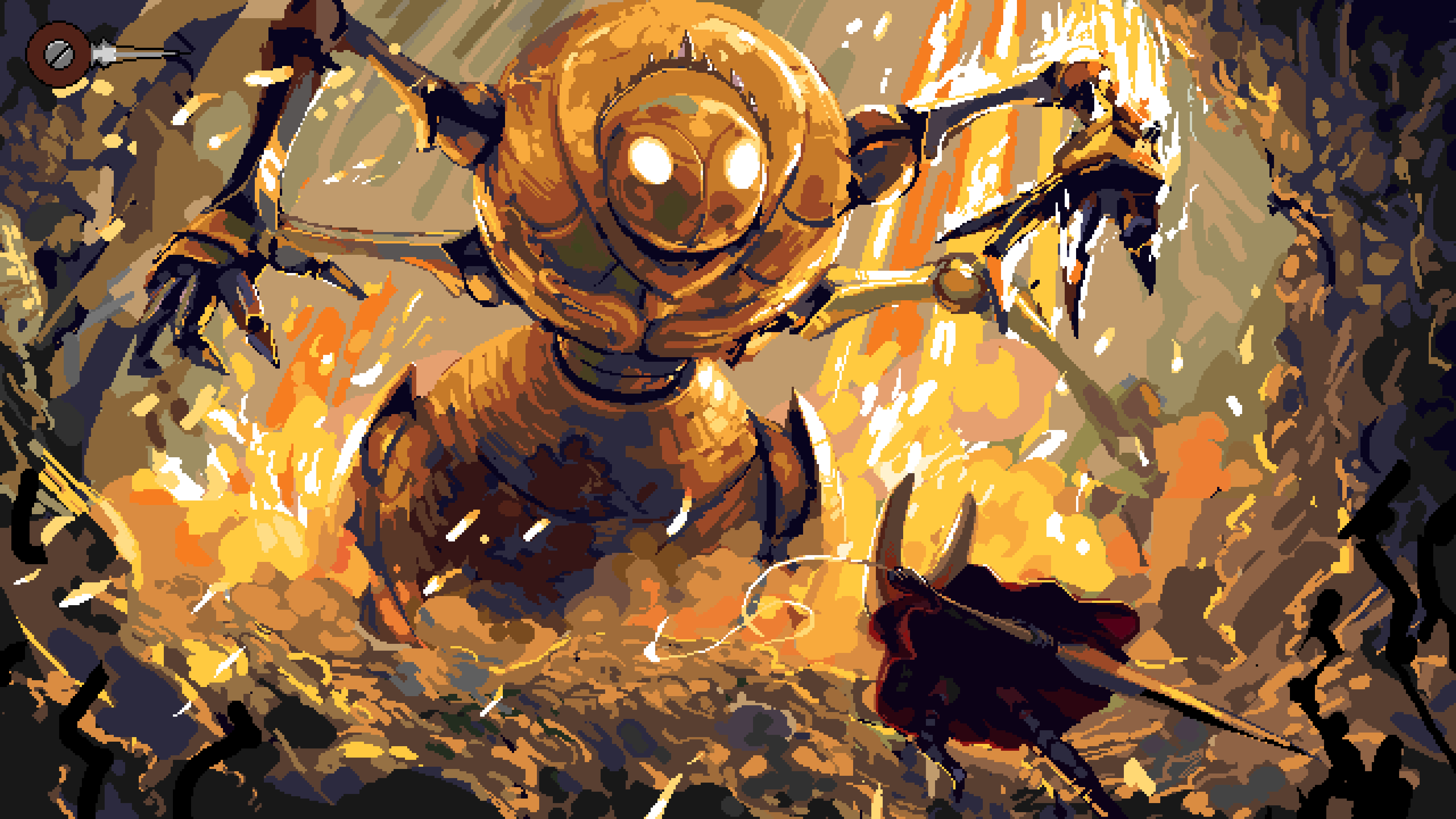 1girl, absurdres, arthropod_girl, black_skin, boss_fight, cloak, colored_skin, empty_eyes, fourth_chorus_(hollow_knight), from_behind, giant, glowing, glowing_eyes, hby_stuff, highres, holding, holding_weapon, hollow_knight, hollow_knight:_silksong, horned_mask, hornet_(hollow_knight), horns, looking_at_another, mask, mecha, needle_(hollow_knight), no_humans, no_mouth, red_cloak, robot, standing, weapon, white_mask