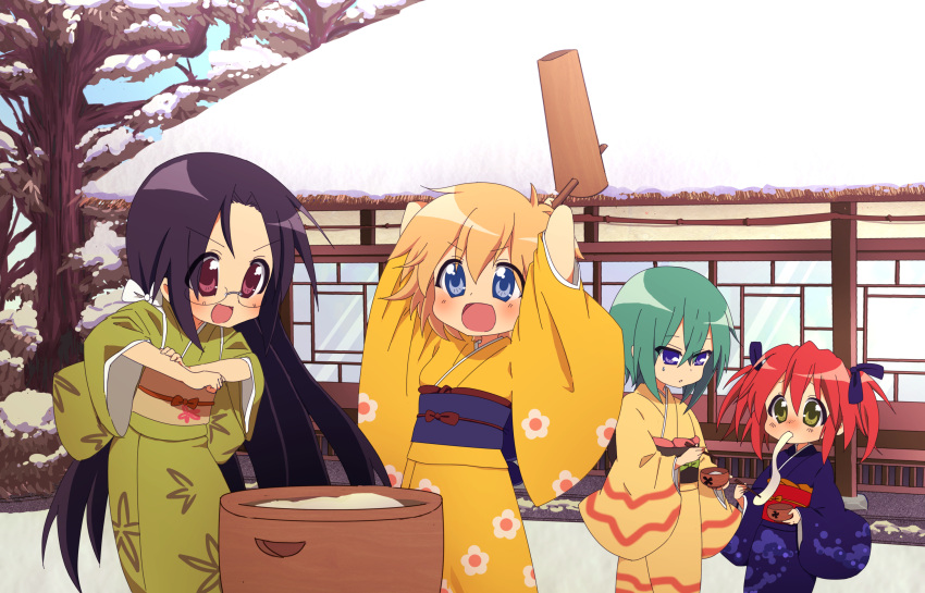 4girls, arms_up, black_hair, blonde_hair, blue_eyes, blush, bowl, brown_eyes