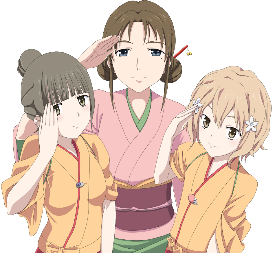 blue, blush, brown_eyes, brown_hair, flower, hair_flower, hair_ornament, hanasaku_iroha
