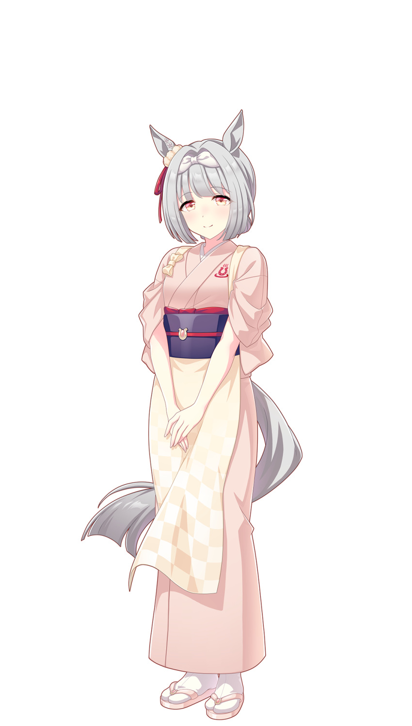 1girl, animal_ears, apron, blunt_bangs, blunt_sidelocks, blunt_tail, bow, breasts, checkered_apron, checkered_clothes, closed_mouth, ear_ribbon, full_body, grey_hair, grey_tail, hair_bow, highres, horse_ears, horse_girl, horse_tail, horseshoe_ornament, horseshoe_print, japanese_clothes, kimono, looking_at_viewer, obi, obiage, obijime, official_art, orange_eyes, own_hands_together, pink_kimono, pink_sandals, red_ribbon, ribbon, sandals, sash, short_hair, short_sleeves, sidelocks, simple_background, small_breasts, smile, socks, solo, standing, tabi, tachi-e, tail, tareme, transparent_background, umamusume, white_bow, white_socks, yellow_apron, yunohana_bloom_(umamusume)