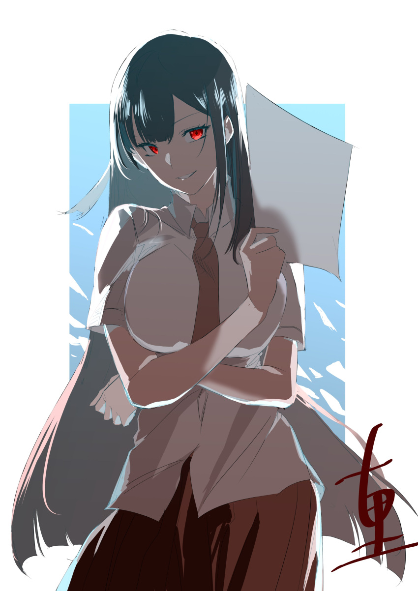 1girl, absurdres, arm_under_breasts, black_hair, breasts, collared_shirt, fccrcrvim924172, highres, holding, holding_paper, large_breasts, long_hair, necktie, nue_(nue_no_onmyouji), nue_no_onmyouji, paper, red_eyes, red_skirt, school_uniform, shirt, short_sleeves, signature, skirt, smile, solo, square, white_shirt