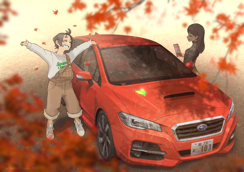 2girls, arms_up, brown_overalls, car, commentary_request, falling_leaves, happy, highres