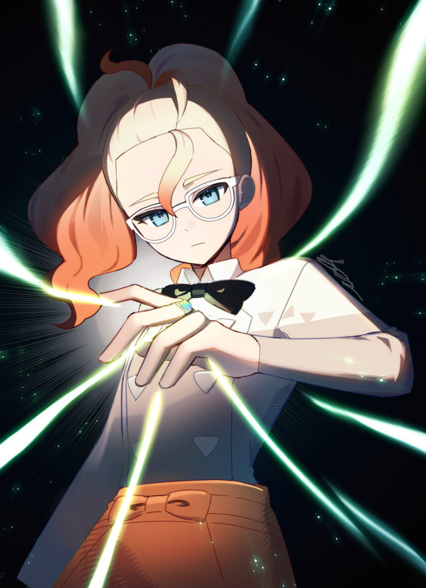 1girl, absurdres, apron, black_background, black_bow, black_bowtie, blue_eyes, bow, bowtie, closed_mouth, collared_shirt, commentary, expressionless, glasses, griselle_(pokemon), highres, jewelry, long_hair, long_sleeves, looking_down, multicolored_hair, orange_apron, pokemon, pokemon_legends:_z-a, ring, shirt, signature, solo, trisia_3, two-tone_hair, waist_apron, white_background