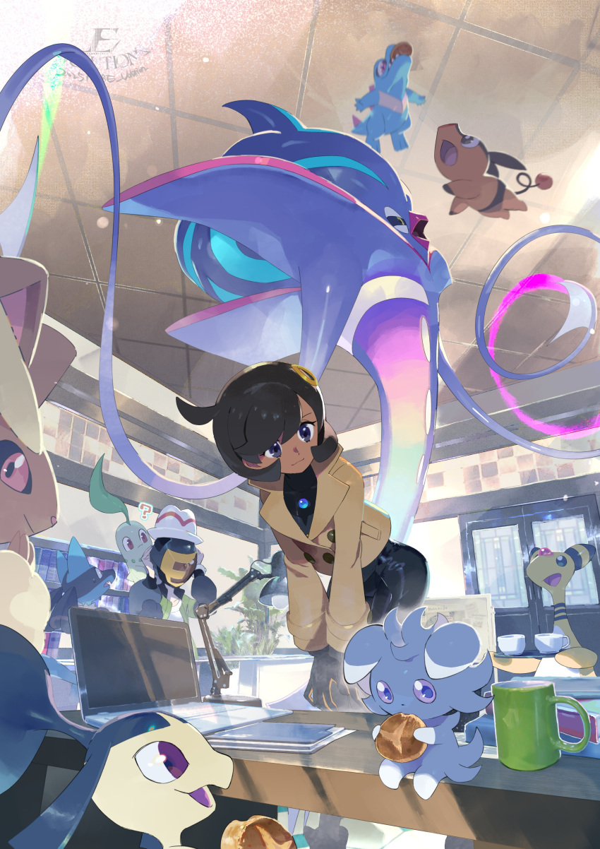 2girls, ?, absurdres, ampharos, beak, black_bodysuit, black_gloves, black_hair