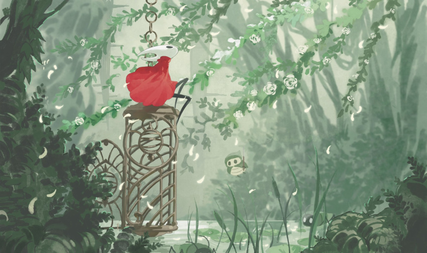 arthropod_girl, black_eyes, black_skin, cage, chain, cloak, colored_skin, elevator, falling_petals, flower, flying, full_body, green_cloak, highres, holding, holding_weapon, hollow_eyes, hollow_knight, hollow_knight:_silksong, horned_mask, hornet_(hollow_knight), horns, mask, monhollow, nature, petals, pin_(hollow_knight), plant, pond_skipper_(hollow_knight), pondcatcher_reed_(hollow_knight), red_cloak, sitting, vines, weapon, white_flower, white_mask, white_petals