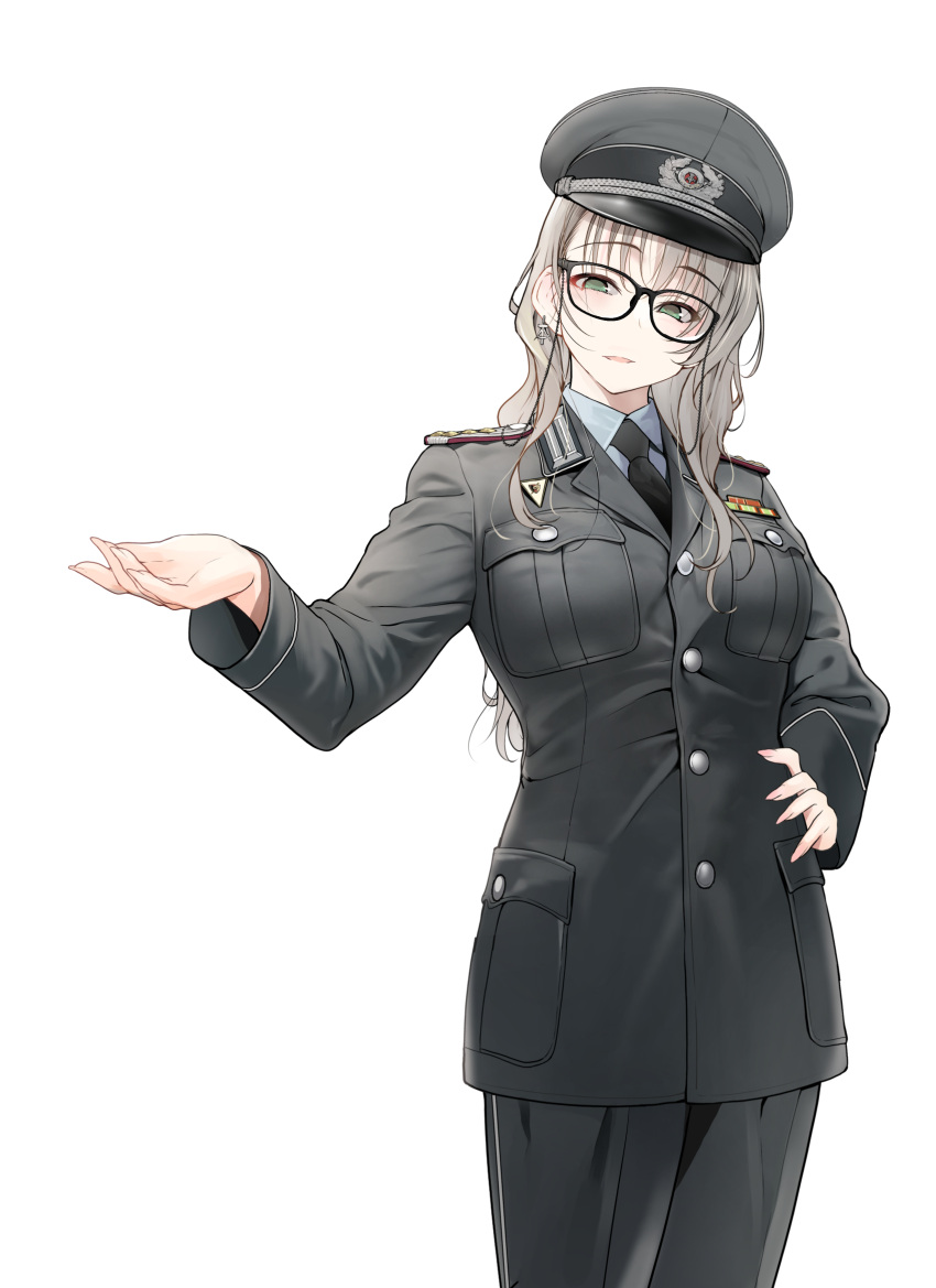 1girl, black-framed_eyewear, black_hat, black_jacket, black_necktie, black_pants, blonde_hair, breast_pocket