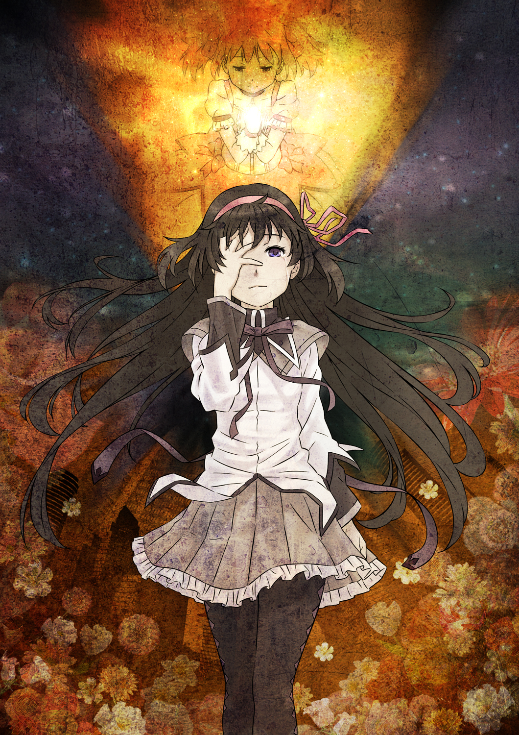akemi_homura, black_hair, choker, covering_face, gloves, goddess_madoka, hairband, highres