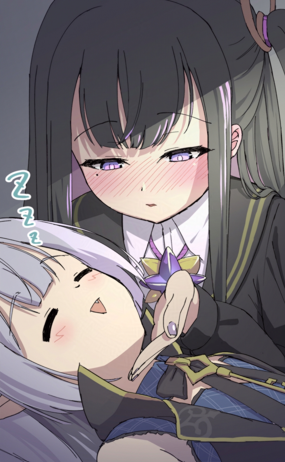 2girls, ahoge, black_hair, black_sailor_collar, black_serafuku, black_shirt, blue_hairband, blush