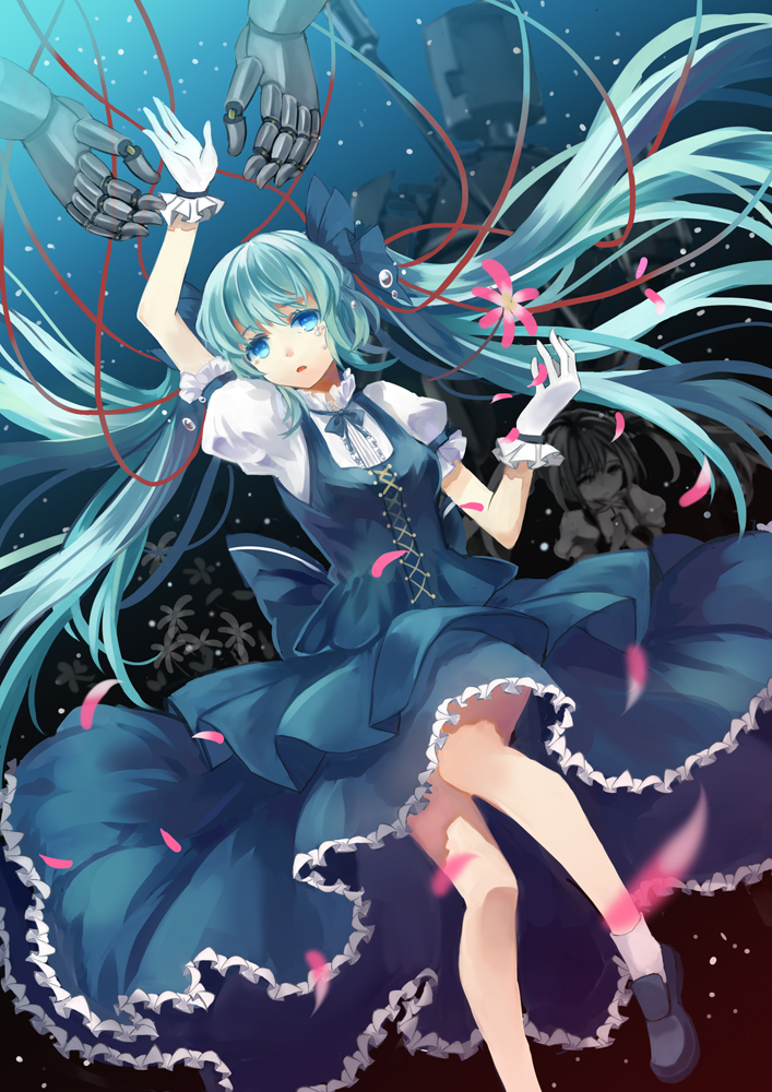 aqua_hair, crying, dress, gloves, hatsune_miku, long_hair, petals, robot