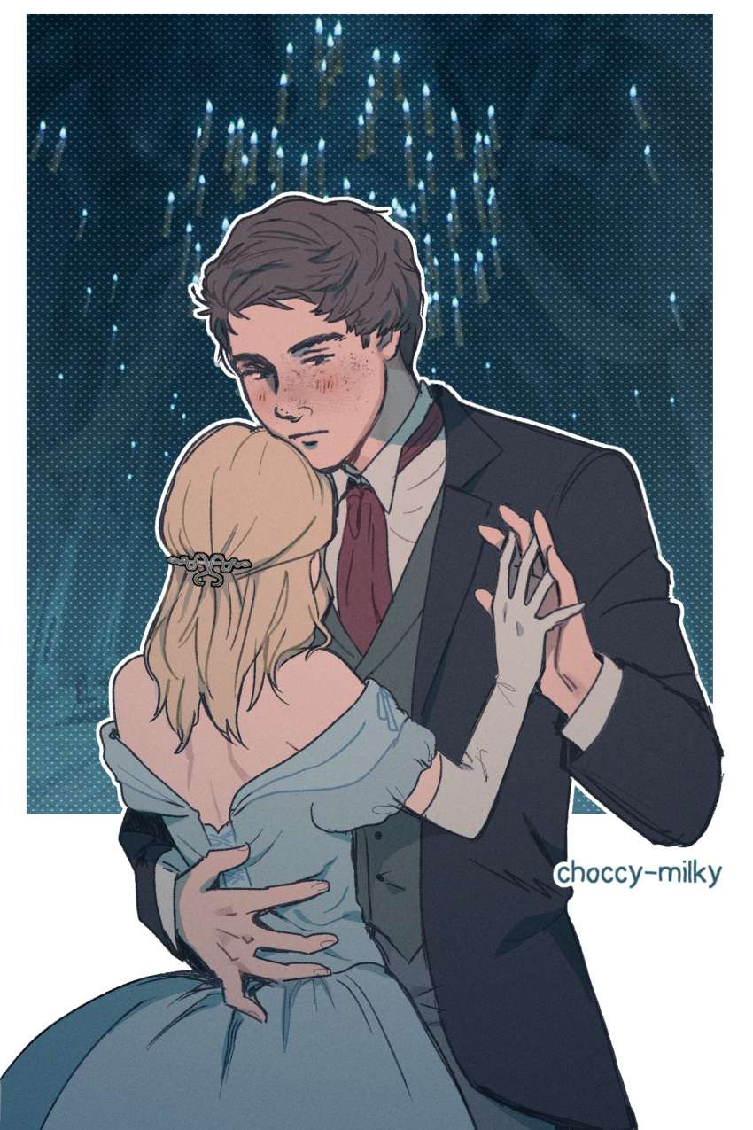 1boy, 1girl, artist_name, bare_shoulders, black_eyes, black_hair, black_suit, blazer
