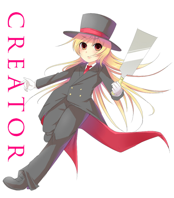 blonde_hair, character_name, creator_(saga), genderswap, hat, long_hair, masamune_(hakuba_kakei), masamune_(sky2943), necktie, red_eyes, saga, saga_1, saw, simple_background, solo, spoilers, top_hat, white_background