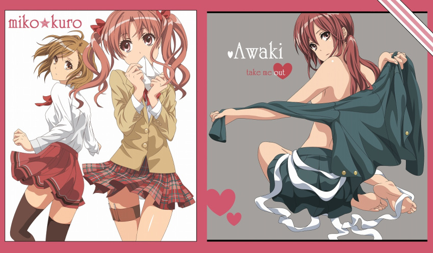 bandage, bandages, bare_legs, bare_shoulders, barefoot, blazer, bow, brown_hair