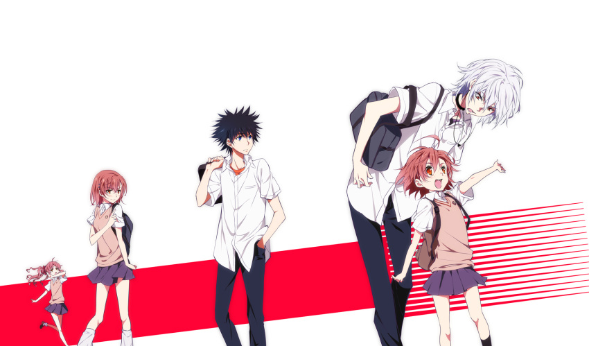 2boys, 3girls, ahoge, albino, bag, blue_eyes, brown_eyes, brown_hair, female, highres, kamijou_touma, last_order, male, mato_(mattomt), misaka_mikoto, red_eyes, school_uniform, shirai_kuroko, to_aru_majutsu_no_index, twintails, white_hair