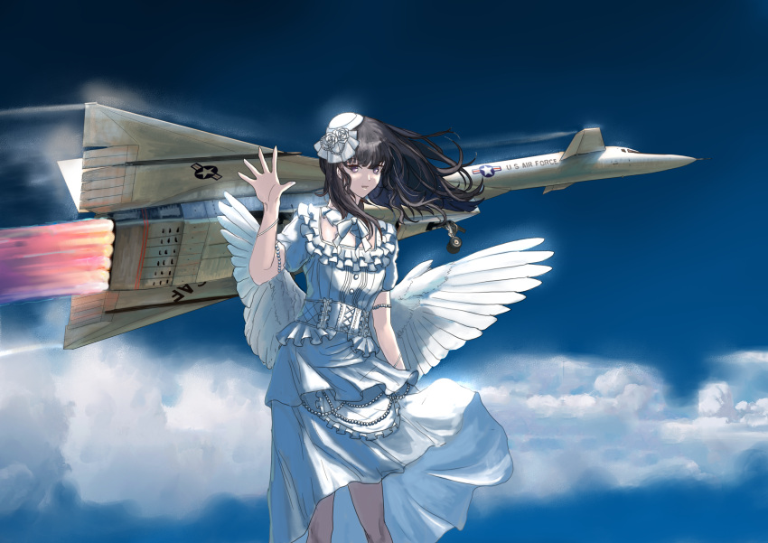 1girl, absurdres, aircraft, airplane, bang_dream!, black_hair, blue_sky, bomber, breasts, clouds, commentary, day, dress, frilled_dress, frills, hat, highres, jet_bomber, long_hair, looking_at_viewer, military_vehicle, mini_hat, shirokane_rinko, short_sleeves, sky, solo, standing, united_states_air_force, waving, white_dress, white_hat, white_wings, wings, xb-70, yukikaze_supersylph