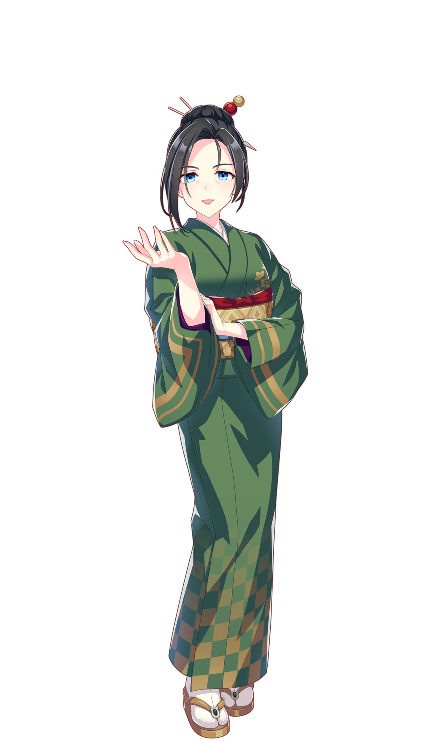 1girl, black_hair, blue_eyes, breasts, checkered_clothes, checkered_kimono, curtained_hair, floral_print, full_body, green_kimono, hair_bun, hair_ornament, hair_stick, hand_up, highres, hoshina_kiyoko_(umamusume), japanese_clothes, kimono, looking_at_viewer, mature_female, obi, obiage, obijime, official_art, open_mouth, parted_bangs, sandals, sash, short_hair, simple_background, single_hair_bun, small_breasts, smile, socks, solo, standing, tabi, tachi-e, transparent_background, umamusume, white_socks