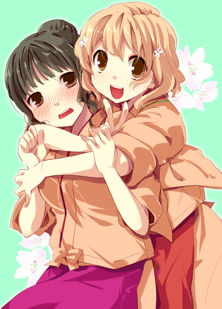 bad_id, blush, brown_eyes, brown_hair, flower, hair_flower, hair_ornament, hanasaku_iroha, hug, hug_from_behind, japanese_clothes, long_hair, matsumae_ohana, multiple_girls, open_mouth, oshimizu_nako, short_hair, smile, takatsuki_tsukasa, v