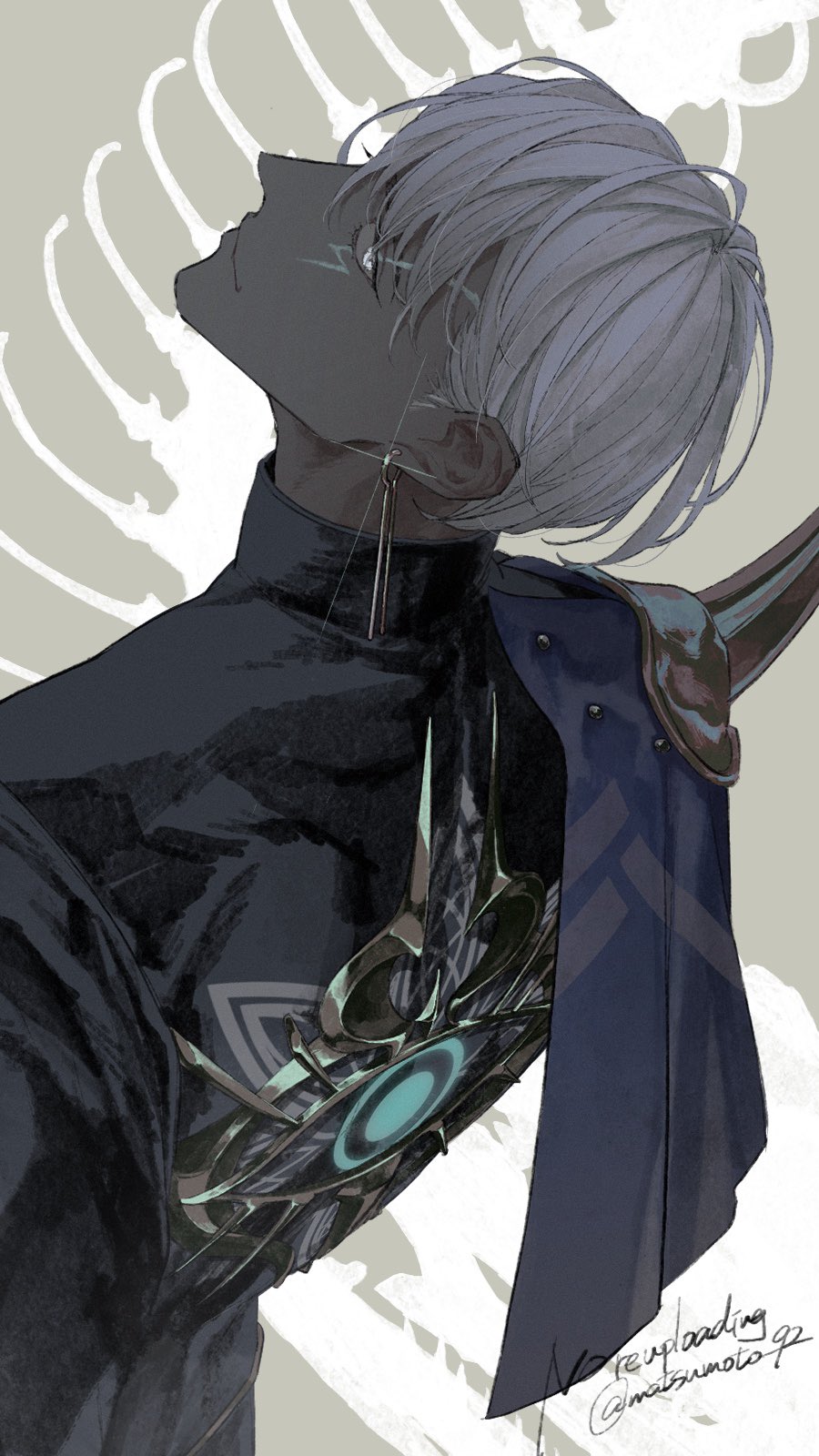 1boy, armor, black_jacket, blue_capelet, capelet, closed_mouth, collared_jacket, colored_skin