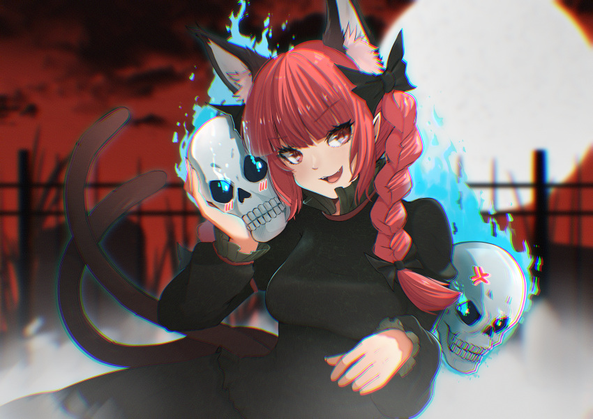 1girl, :d, absurdres, animal_ear_fluff, animal_ears, black_dress, blunt_bangs, blurry, blurry_background, blush, braid, breasts, cat_ears, cat_girl, cat_tail, commentary_request, dress, extra_ears, fence, full_moon, giya, highres, kaenbyou_rin, large_breasts, long_hair, long_sleeves, moon, multiple_tails, open_mouth, outdoors, pointy_ears, red_eyes, red_hair, side_braids, skull, smile, solo, tail, touhou, twin_braids, two_tails