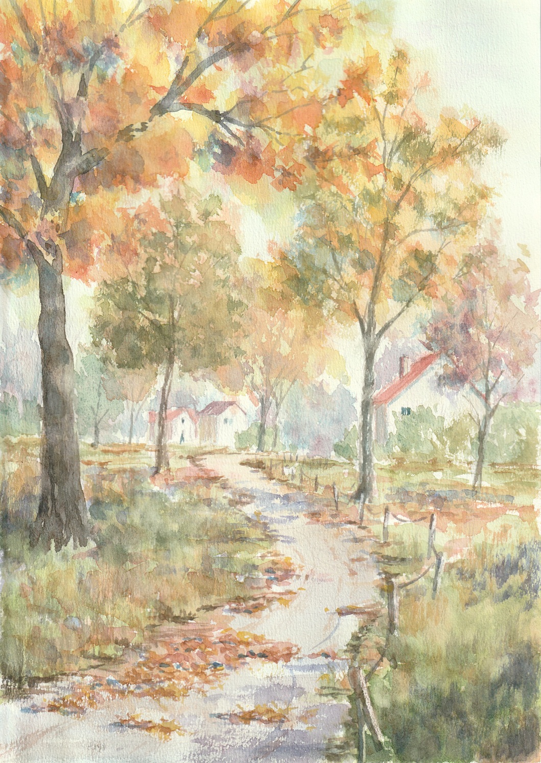 autumn, autumn_leaves, building, commentary_request, day, highres, house, landscape, leaf, no_humans, original, outdoors, painting_(medium), paruperu, path, scenery, traditional_media, tree, watercolor_(medium)