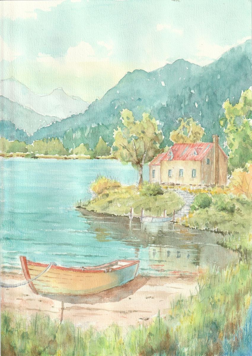 boat, building, commentary_request, day, forest, highres, hill, house