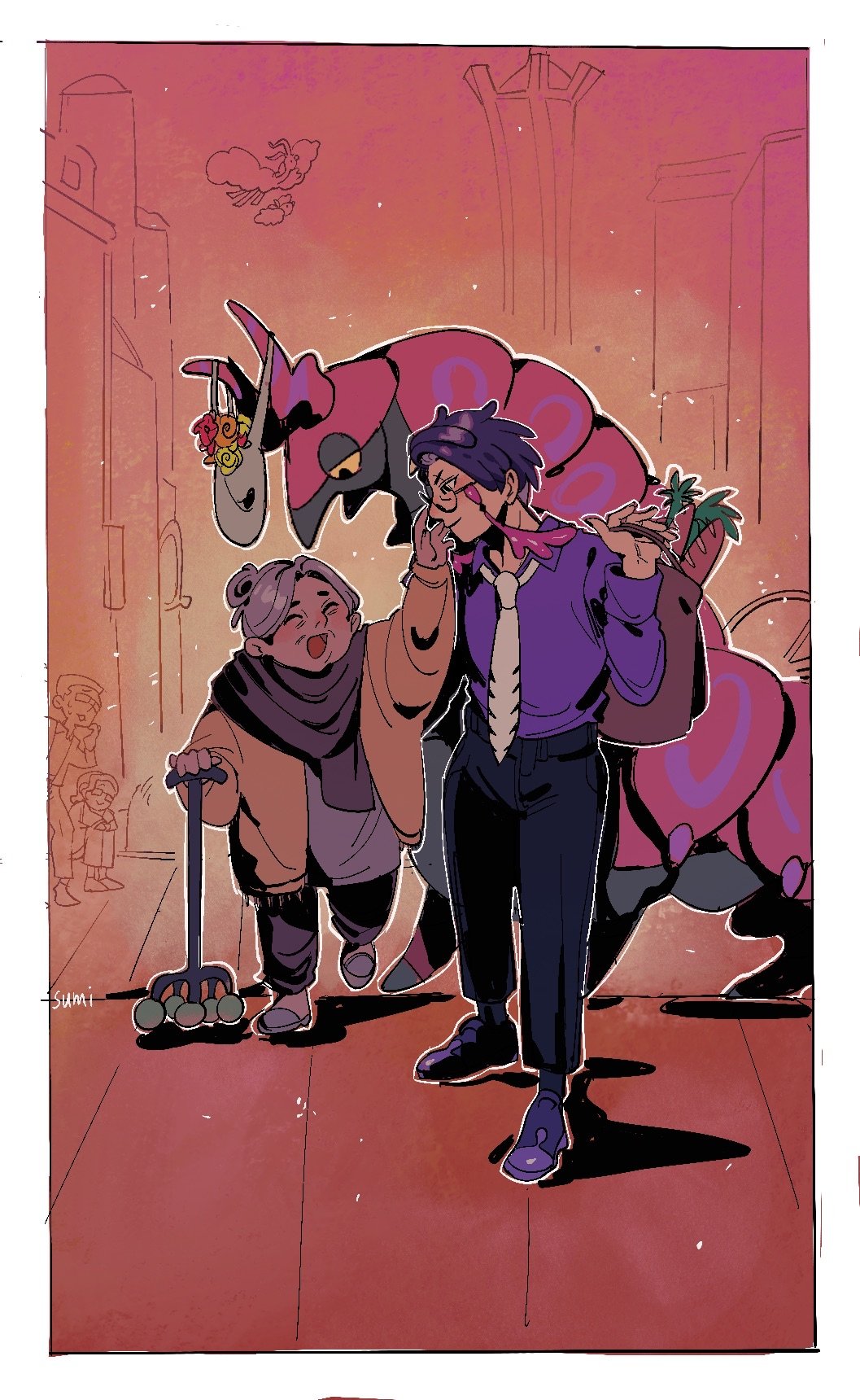 1boy, 1girl, :d, altaria, arm_up, black_pants, border, cane