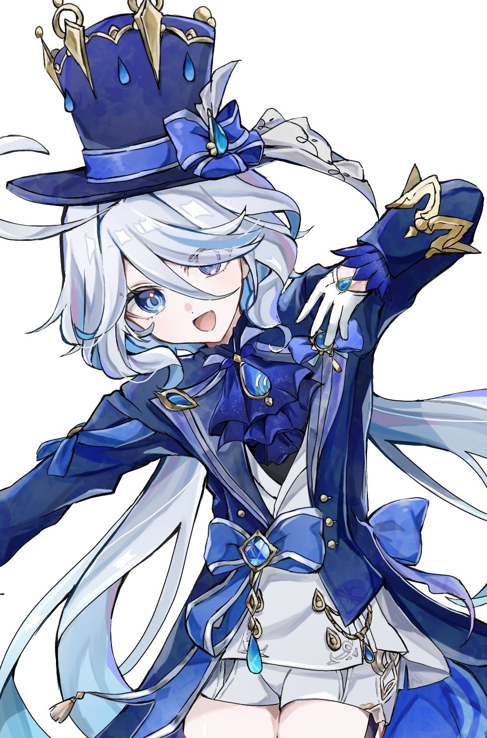 1girl, :d, ahoge, ayateru_(ayaki_geme), black_shirt, blue_bow, blue_eyes, blue_gemstone, blue_hat, blue_jacket, blue_ribbon, bow, cowboy_shot, eyes_visible_through_hair, floating_hair, furina_(genshin_impact), gem, genshin_impact, gloves, hair_between_eyes, hat, hat_bow, hat_ribbon, highres, jacket, long_hair, long_sleeves, looking_at_viewer, mismatched_pupils, ribbon, shirt, short_shorts, shorts, simple_background, smile, solo, standing, top_hat, very_long_hair, vest, white_background, white_gloves, white_hair, white_shorts, white_vest